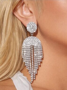 Rhinestone Fringe Chandelier Statement Earrings Crystal Tassel Drop Silver
